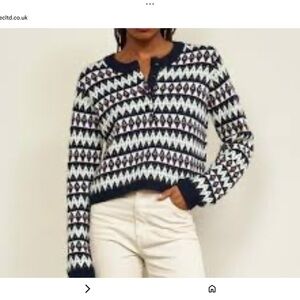 LA LIGNE BLUE and White Geometric Courchevel Henley Sweater